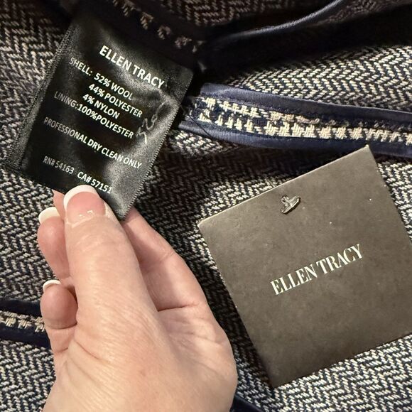 New Ellen Tracy Women’s XS Wool Open Front Coat Navy Cream Houndstooth Pockets - Picture 4 of 4